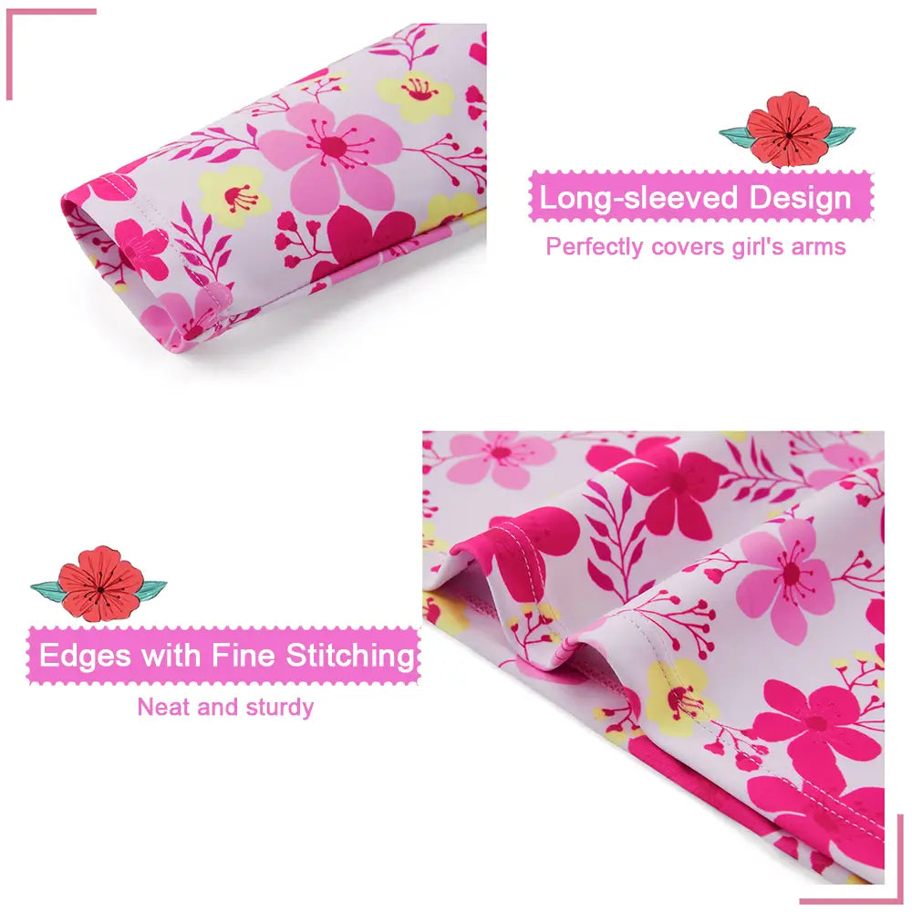 UPF 50+ Girl Split Swimsuit Rash Guard Set-Pink Flower