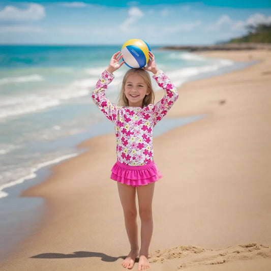 UPF 50+ Girl Split Swimsuit Rash Guard Set-Pink Flower