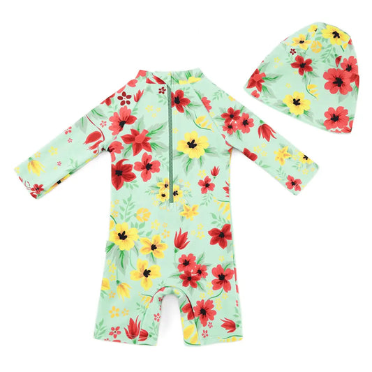Baby Girl Swimsuit One Piece Sunsuit with UPF 50+ Sun Hat-Chinese Style