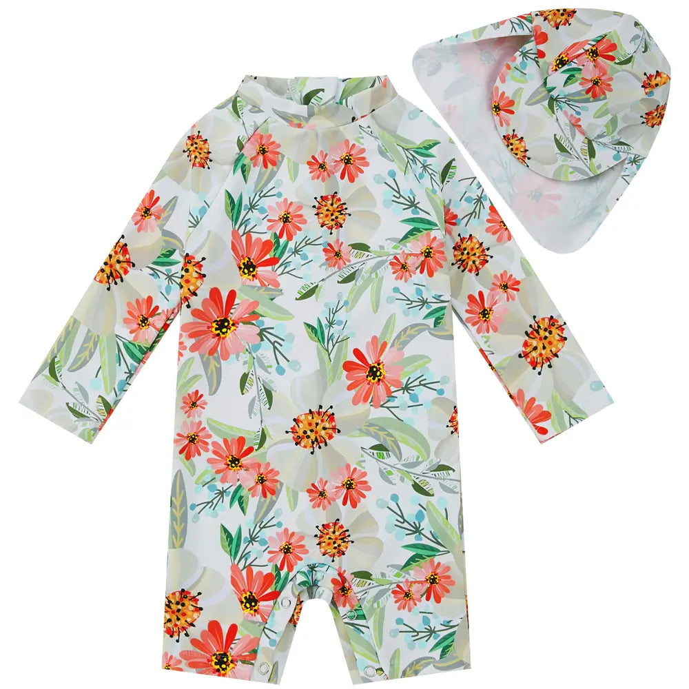 UPF 50+ Baby Girl Swimsuit with Sun Hat & Snap-Flower