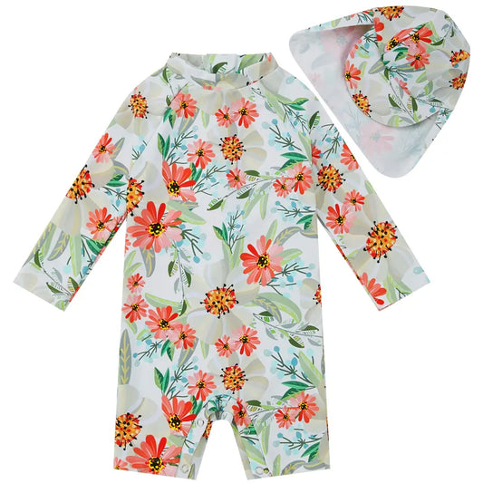 UPF 50+ Baby Girl Swimsuit with Sun Hat & Snap-Flower