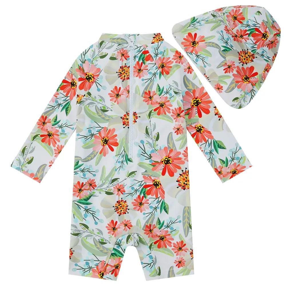 UPF 50+ Baby Girl Swimsuit with Sun Hat & Snap-Flower