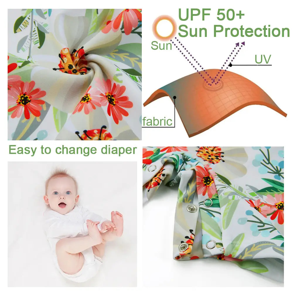 UPF 50+ Baby Girl Swimsuit with Sun Hat & Snap-Flower