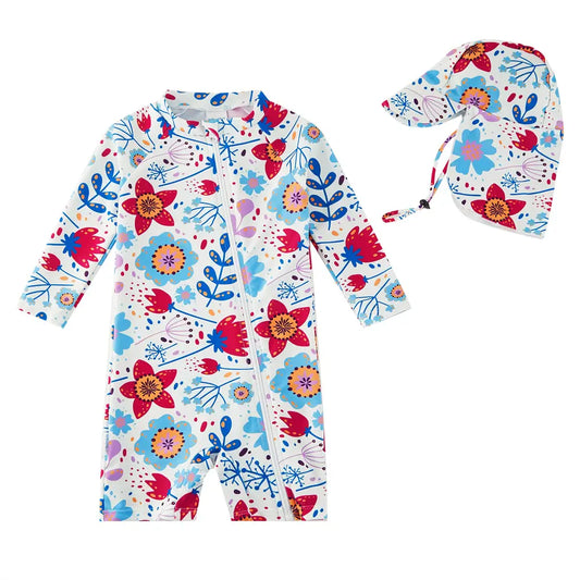 Recycled UPF 50+ Baby Girl Swimsuit with Sun Hat-Sunflower