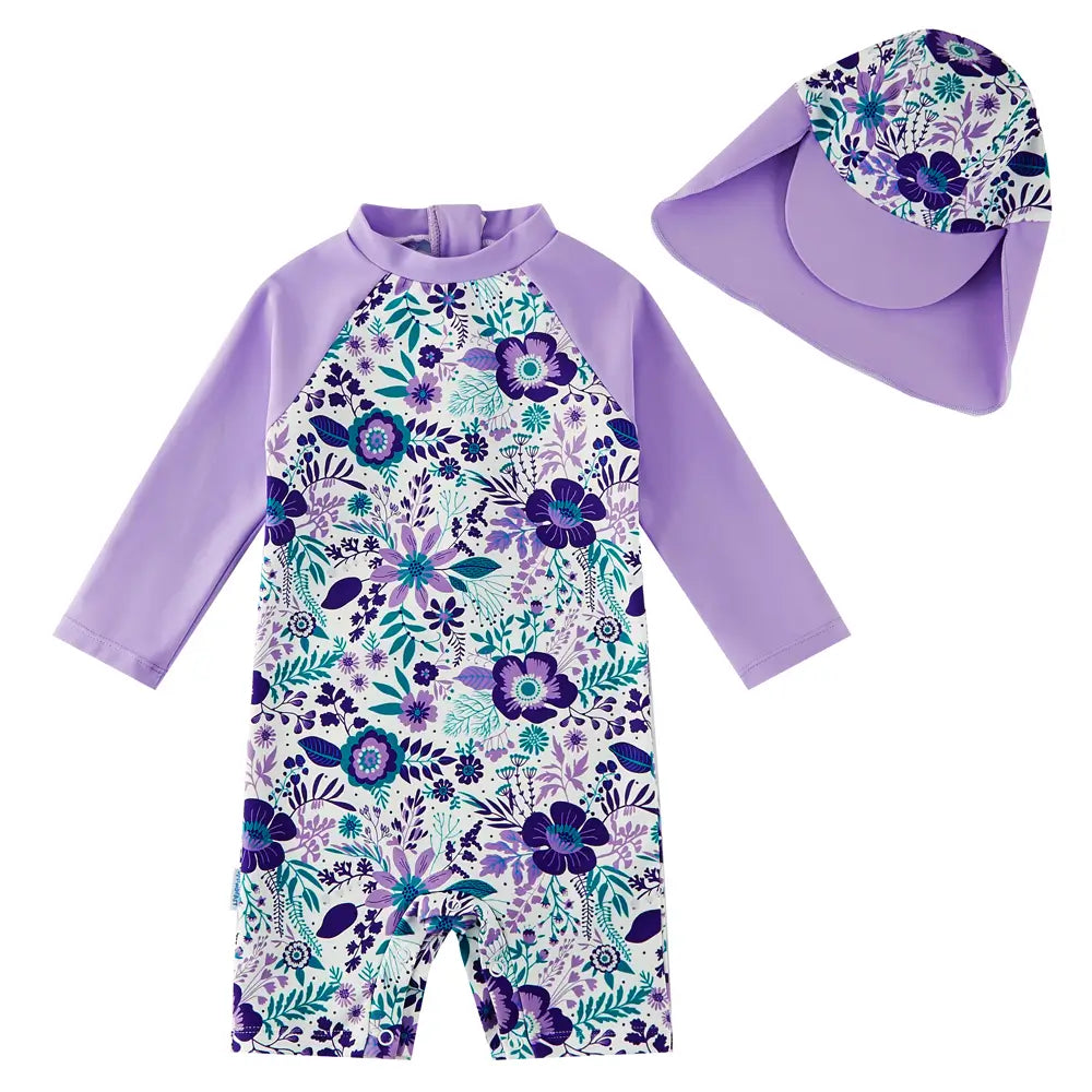 UPF 50+ Baby Girl One-piece Sunsuit with Snap Sun Hat-Purple Flower