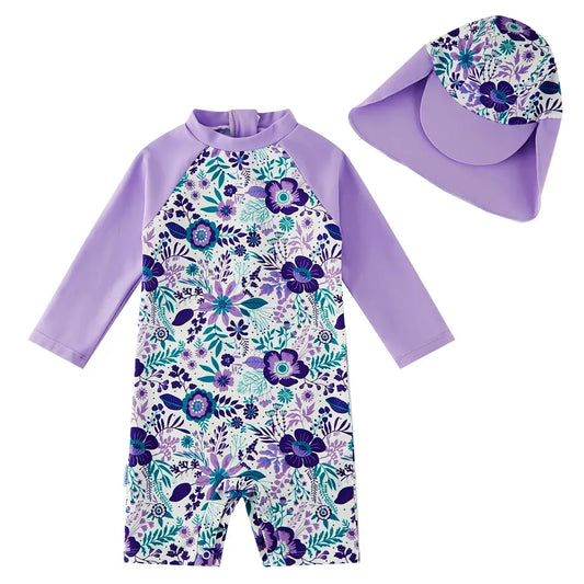UPF 50+ Baby Girl One-piece Sunsuit with Snap Sun Hat-Purple Flower