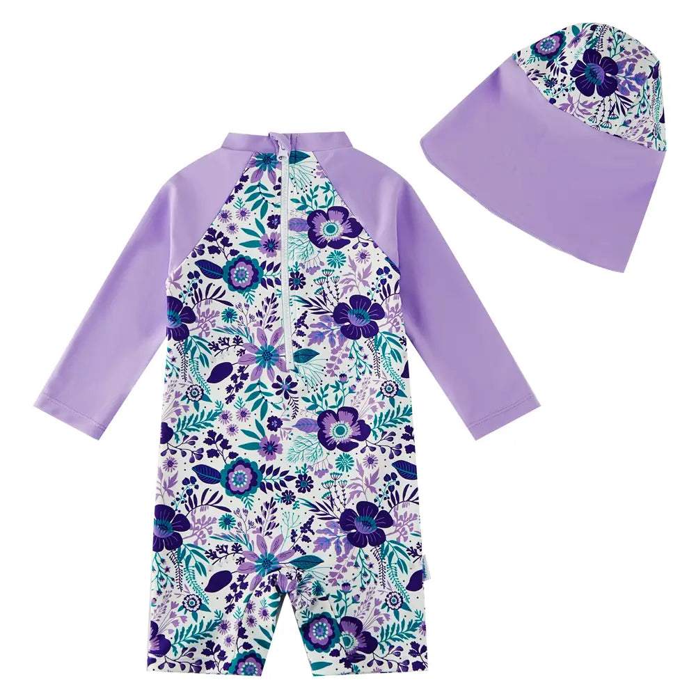 UPF 50+ Baby Girl One-piece Sunsuit with Snap Sun Hat-Purple Flower