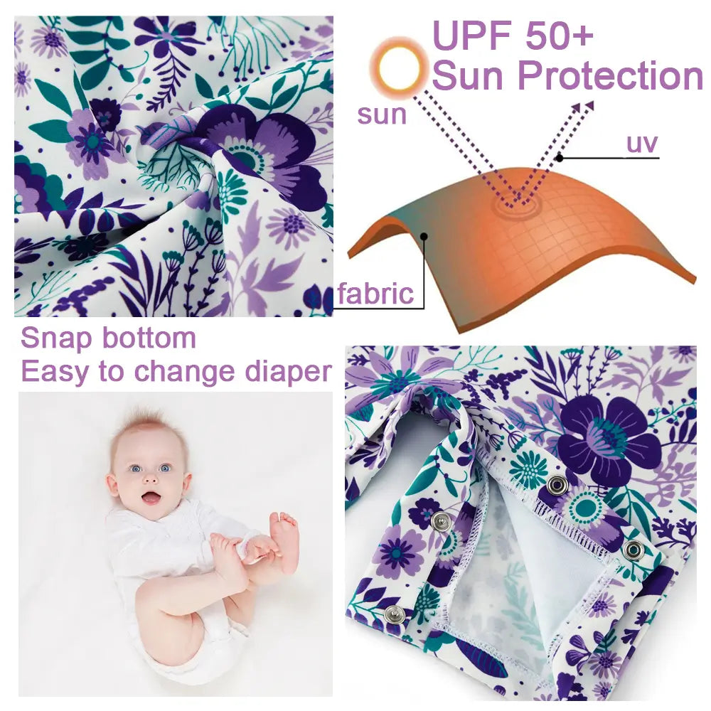 UPF 50+ Baby Girl One-piece Sunsuit with Snap Sun Hat-Purple Flower