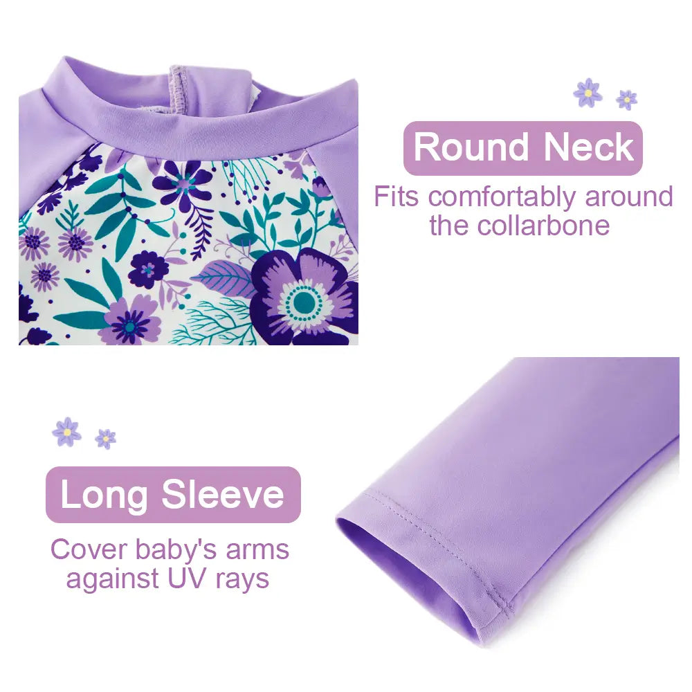 UPF 50+ Baby Girl One-piece Sunsuit with Snap Sun Hat-Purple Flower