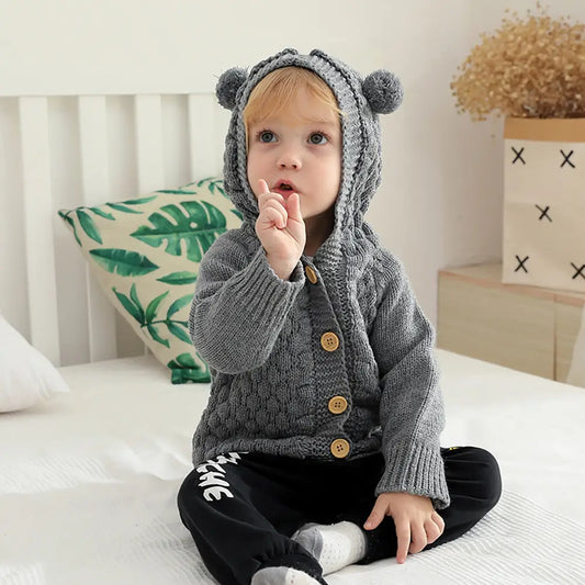 Baby Warm Knit Hooded Sweater Soft Cardigan with Button