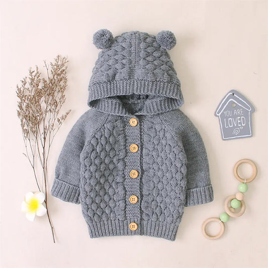 Baby Warm Knit Hooded Sweater Soft Cardigan with Button