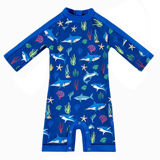 UPF 50+ Baby Boys Swimwear with Snap Buttom-Blue Shark