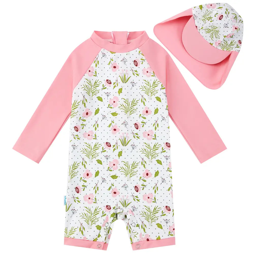 UPF 50+ Baby Girl Swimwear with Snap Sun Hat-Pink Flower