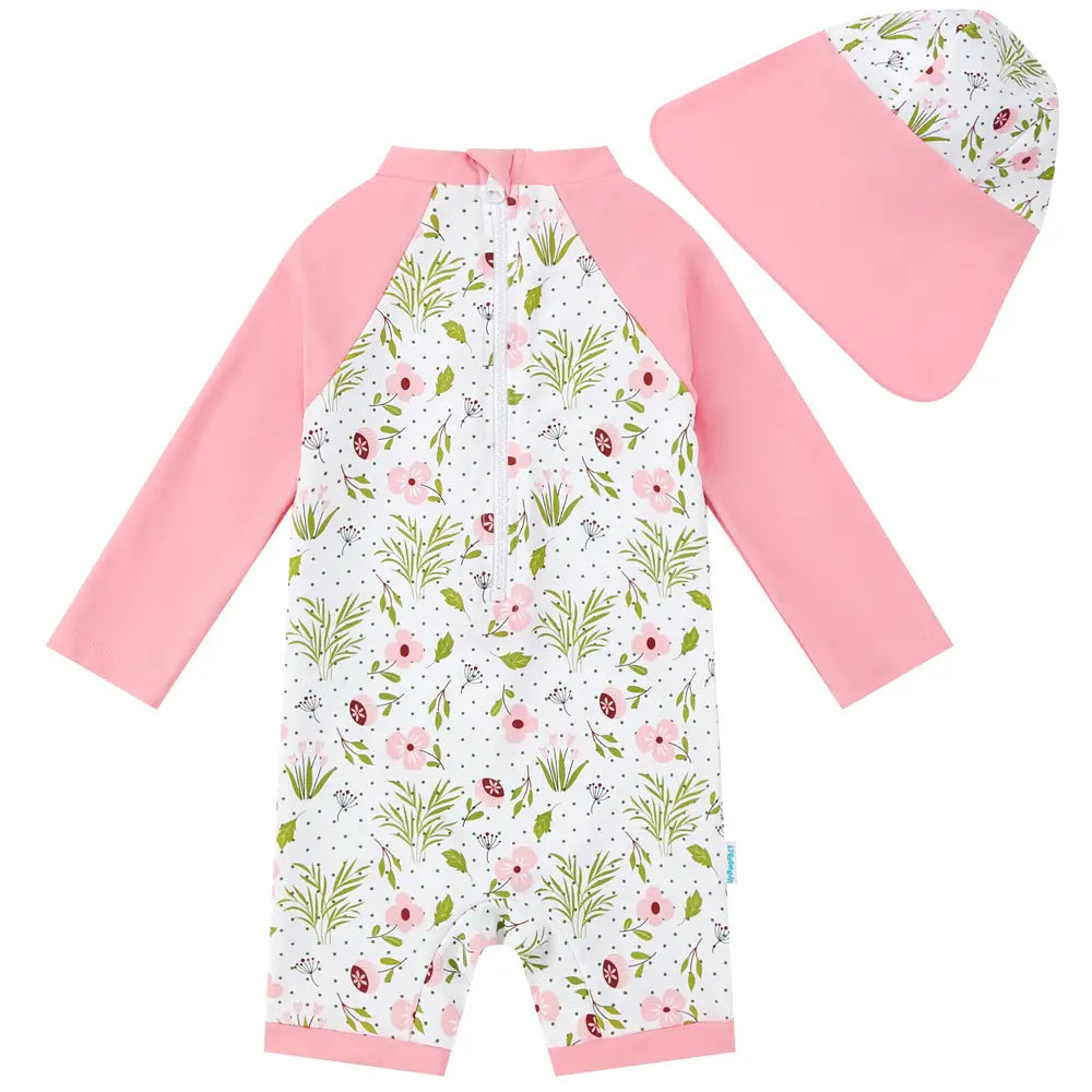 UPF 50+ Baby Girl Swimwear with Snap Sun Hat-Pink Flower