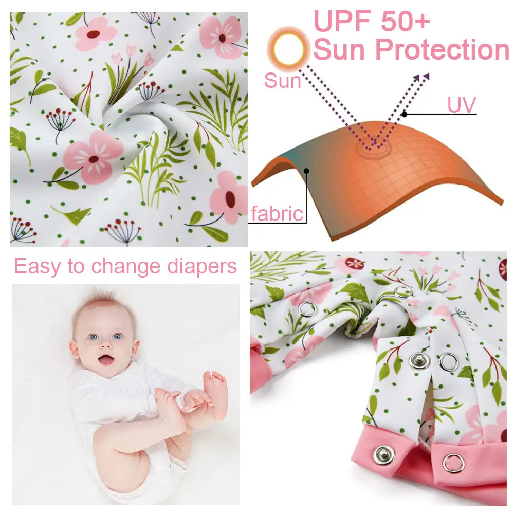 UPF 50+ Baby Girl Swimwear with Snap Sun Hat-Pink Flower