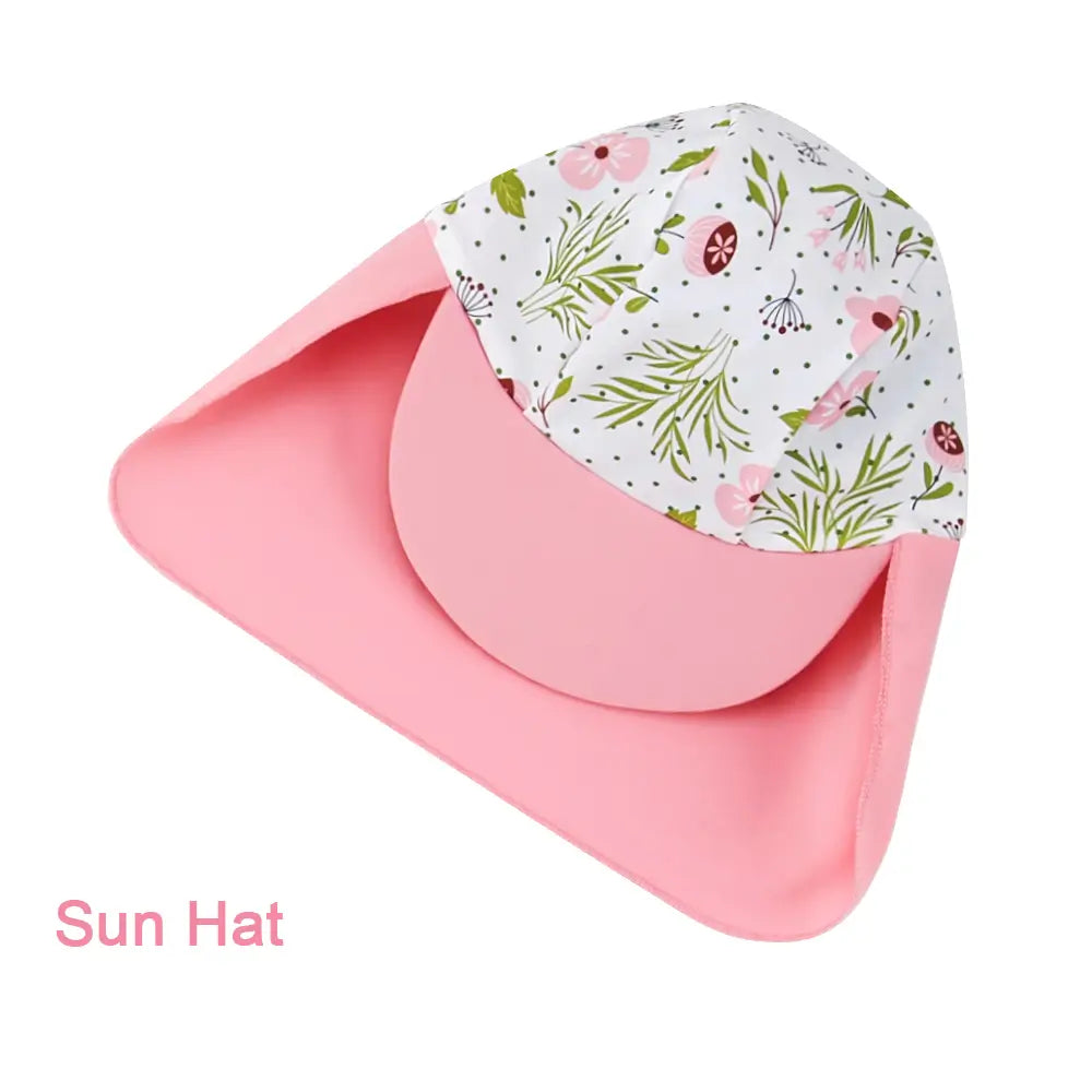 UPF 50+ Baby Girl Swimwear with Snap Sun Hat-Pink Flower