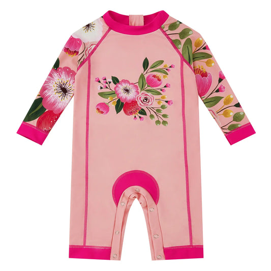 UPF 50+ Baby Girl One Piece Swimsuit with Snap-Red Tulips