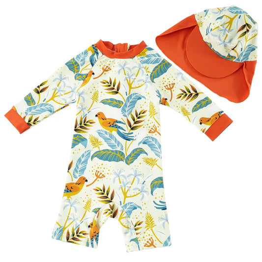 UPF 50+ Baby Boy One Piece Sunsuit with Hat-Orange Bird