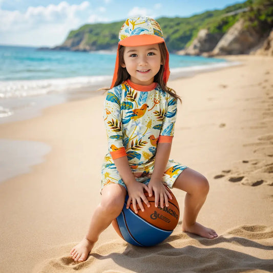 UPF 50+ Baby Boy One Piece Sunsuit with Hat-Orange Bird
