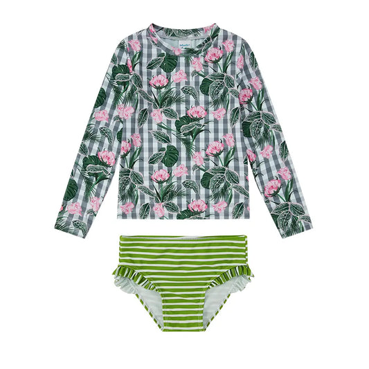 UPF 50+ Girl Rash Guard Set Plant Print Sunsuit for Toddler