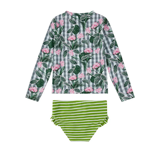 UPF 50+ Girl Rash Guard Set Plant Print Sunsuit for Toddler