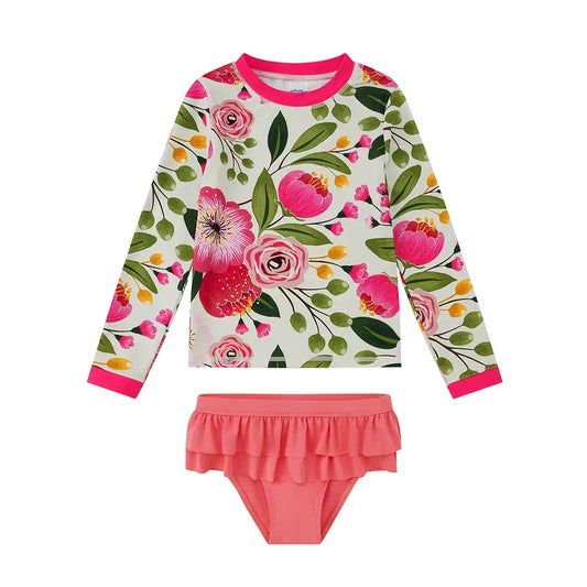 UPF 50+ Girl Split Sunsuit Rash Guard Set-Pink Tulips
