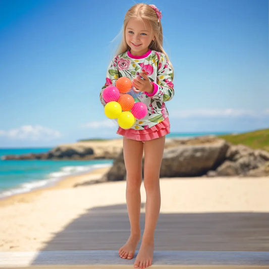 UPF 50+ Girl Split Sunsuit Rash Guard Set-Pink Tulips