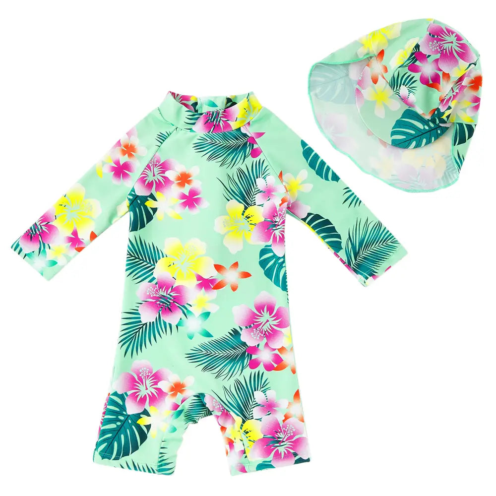 Girl Sunsuit Baby Girl Swimsuit with Sun Hat UPF 50 Green Flower upandfast