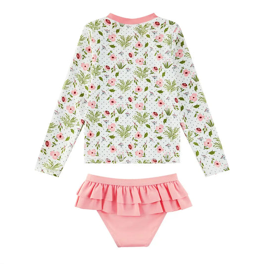 UPF 50+ Kids Girls Swimwear Rash Guard Set-Pink Flower