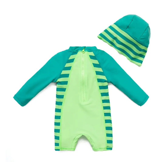 UPF 50+ Baby Boy One-piece Swimsuit with Hat-Green Dinosaur