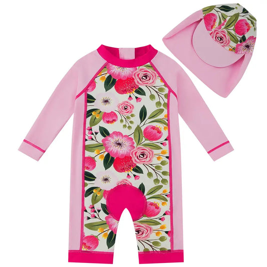 UPF 50+ Baby Girls One Piece Swimsuit with Hat-Rose Tulips