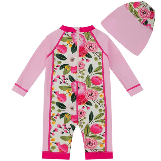 UPF 50+ Baby Girls One Piece Swimsuit with Hat-Rose Tulips