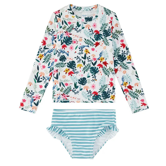 Kids Swimwear Set 2 Pieces Girl Rash Guard with UPF 50+-Green Leaves