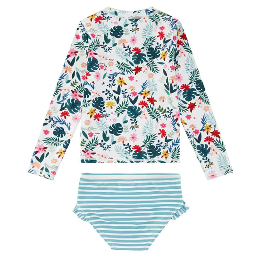 Kids Swimwear Set 2 Pieces Girl Rash Guard with UPF 50+-Green Leaves