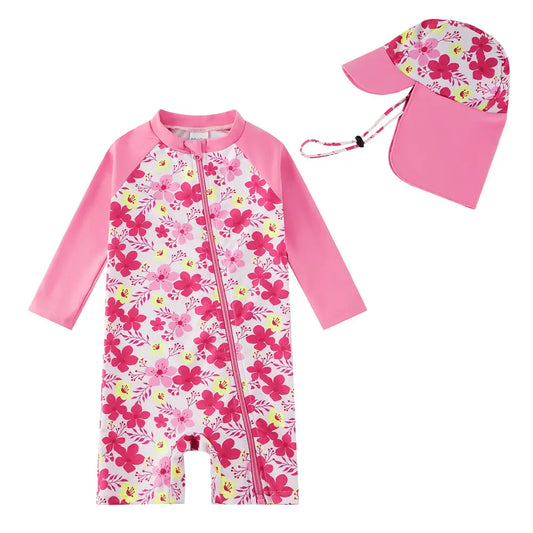 UPF 50+ Recyclable Baby Girl Swimsuit with Hat-Rose Flower
