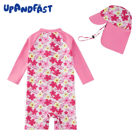 UPF 50+ Recyclable Baby Girl Swimsuit with Hat-Rose Flower