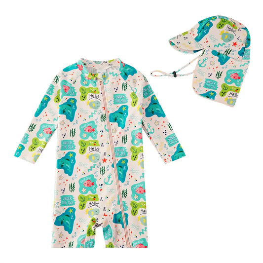 UPF 50+ Recycled Baby Girl Full Zip Swimsuit with Hat-Green Shark