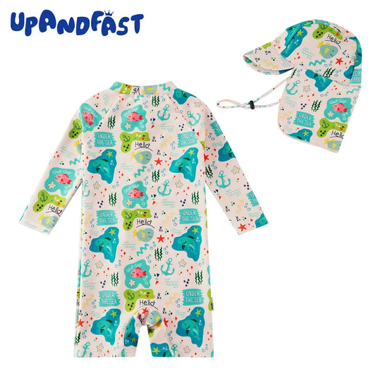 UPF 50+ Recycled Baby Girl Full Zip Swimsuit with Hat-Green Shark