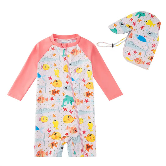 UPF 50+ Recycled Baby Girl Full-ziped Swimsuit with Hat-Pink Fish