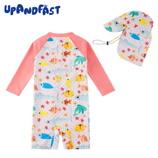 UPF 50+ Recycled Baby Girl Full-ziped Swimsuit with Hat-Pink Fish