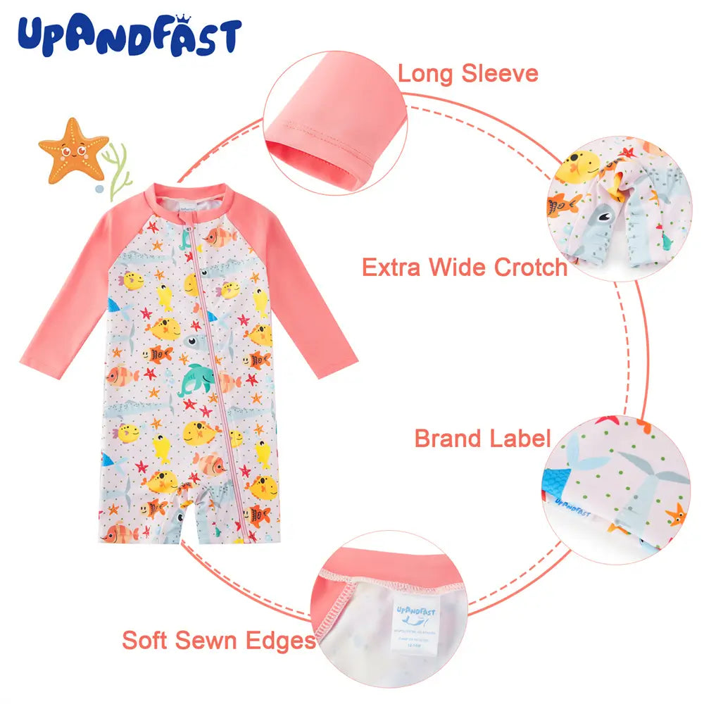 UPF 50+ Recycled Baby Girl Full-ziped Swimsuit with Hat-Pink Fish