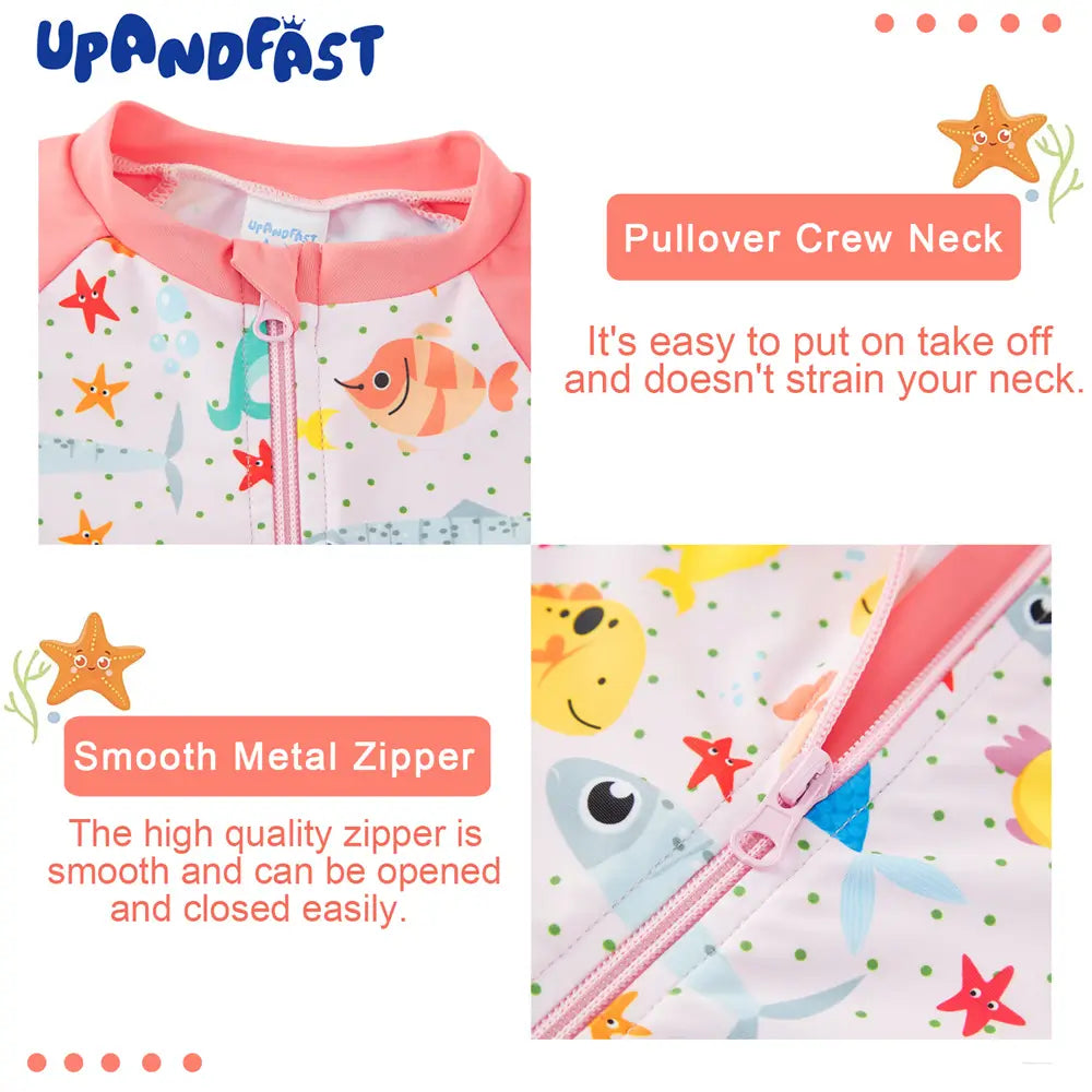 UPF 50+ Recycled Baby Girl Full-ziped Swimsuit with Hat-Pink Fish