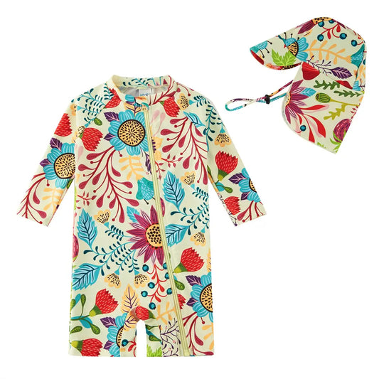 UPF 50+ Recycled Toddler Girl Swimsuit with Sun Hat-Hot Summer