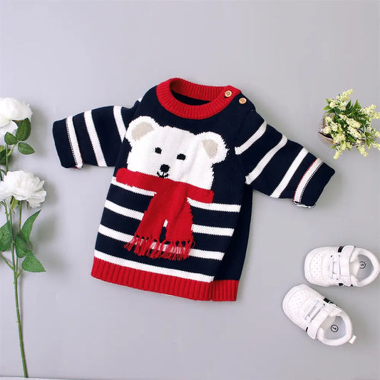 Stripe Infant Sweater with Button Acrylic Baby Pullover-Bear