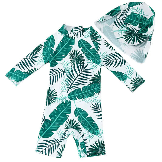 UPF 50+ Baby Boy Swimsuit with Sun Hat-Green Leaf