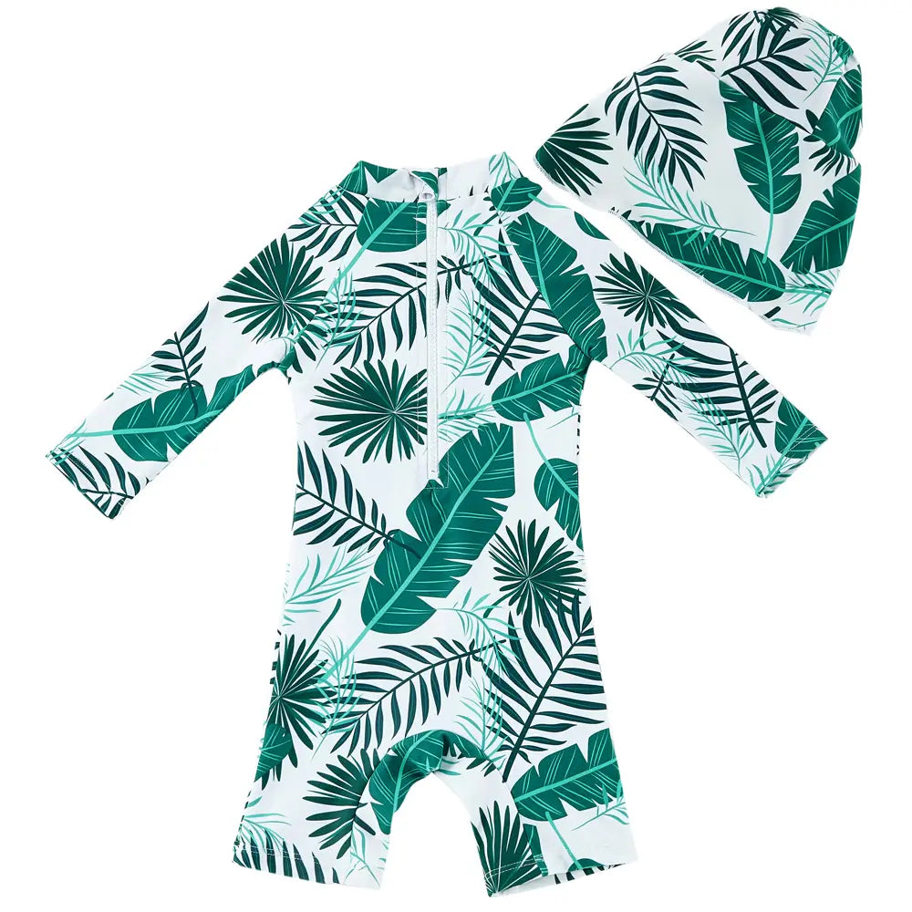 UPF 50+ Baby Boy Swimsuit with Sun Hat-Green Leaf