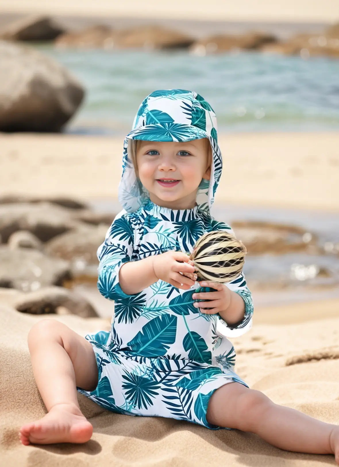 UPF 50+ Baby Boy Swimsuit with Sun Hat-Green Leaf