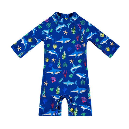 UPF50+ Toddler Boy Swimsuit with Snap Buttom-Blue Shark
