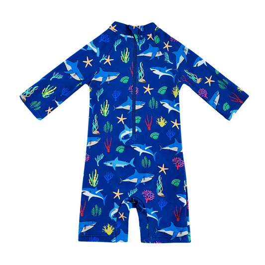 UPF50+ Toddler Boy Swimsuit with Snap Buttom-Blue Shark