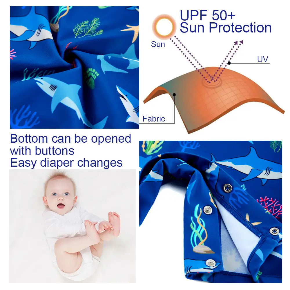 UPF50+ Toddler Boy Swimsuit with Snap Buttom-Blue Shark